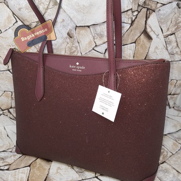 ✨ Shimmy Glitter Top Zip Tote Shoulder Bag Deep Nova Burgundy Wallet Kate spade - Picture 9 of 16